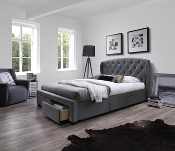 Szürke párnázott ágykeret tűzéssel díszítve , ágyneműtartóval